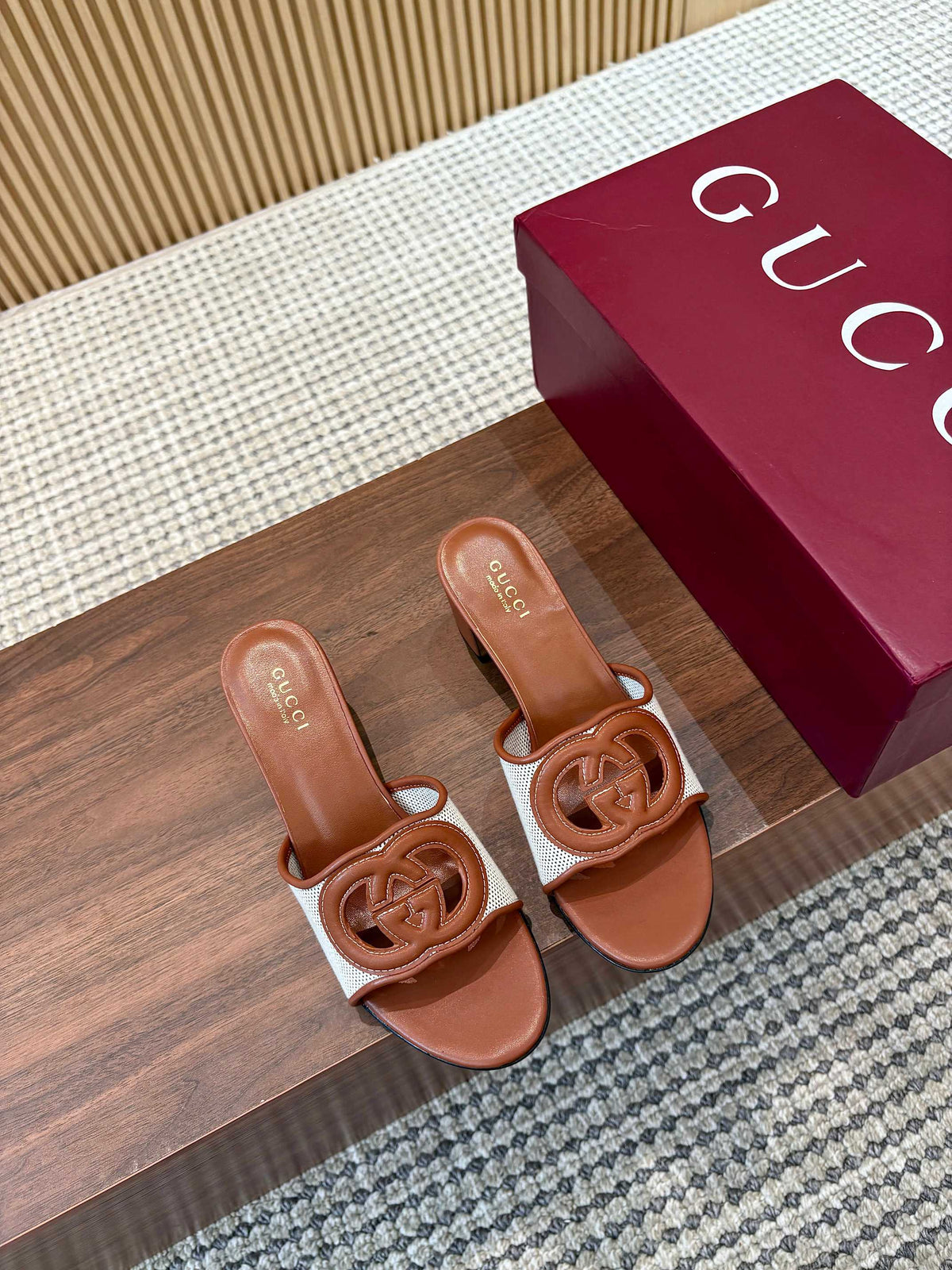 Gi Interlocking G Cutout Sandals 5.5cm Brown Sheepskin Mesh 646494