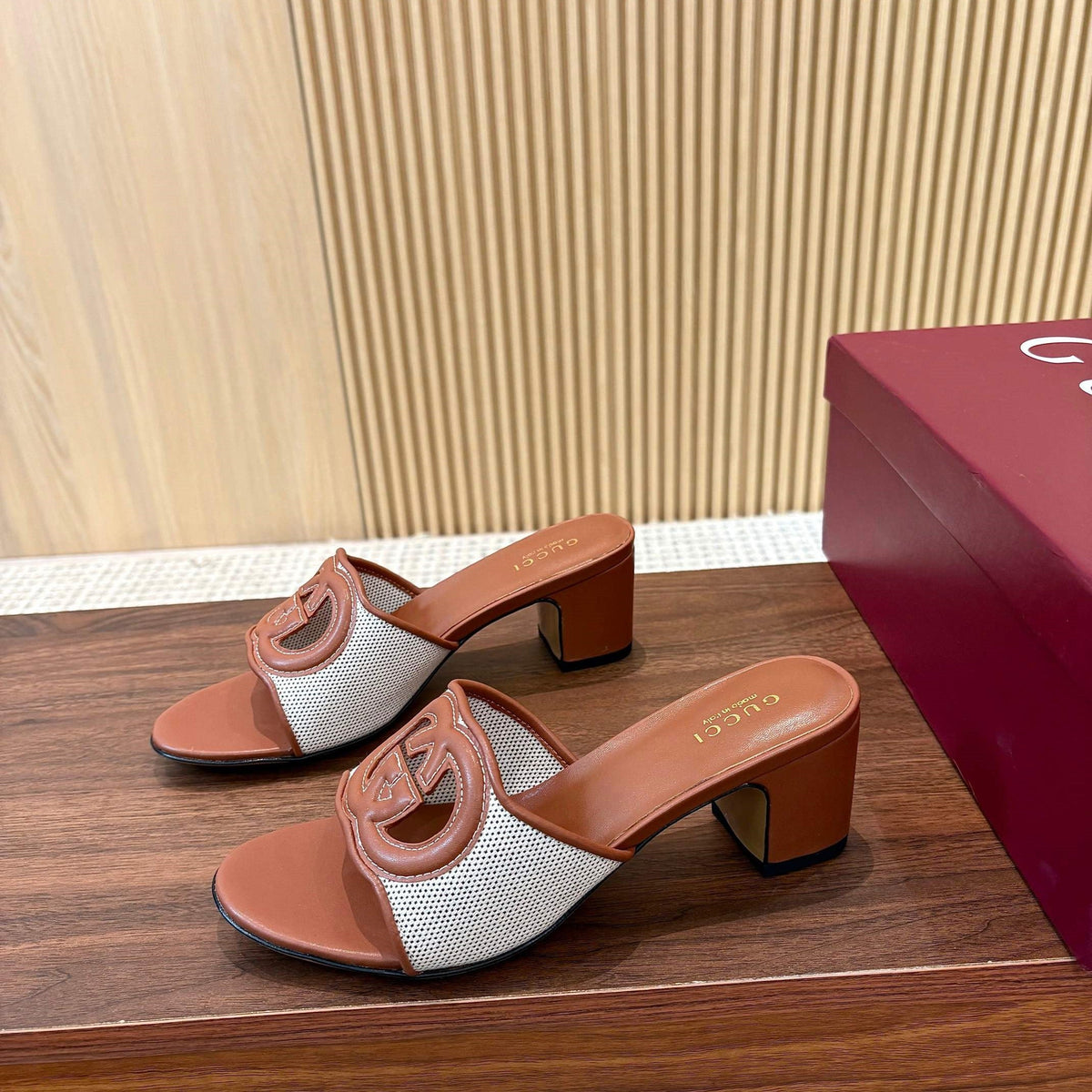 Gi Interlocking G Cutout Sandals 5.5cm Brown Sheepskin Mesh 646494