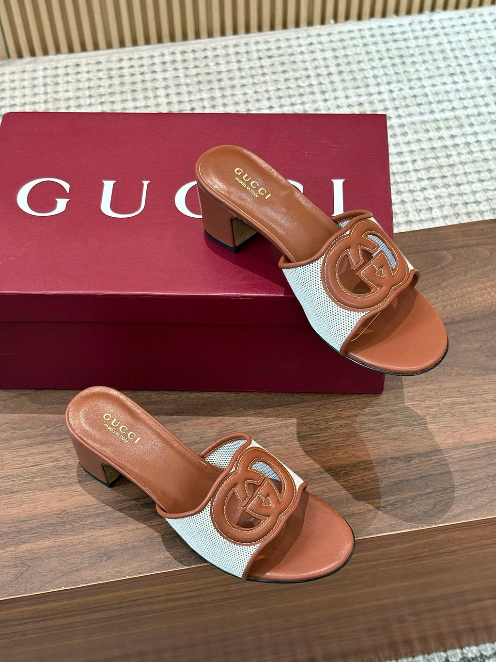 Gi Interlocking G Cutout Sandals 5.5cm Brown Sheepskin Mesh 646494