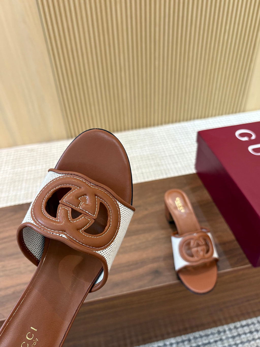 Gi Interlocking G Cutout Sandals 5.5cm Brown Sheepskin Mesh 646494