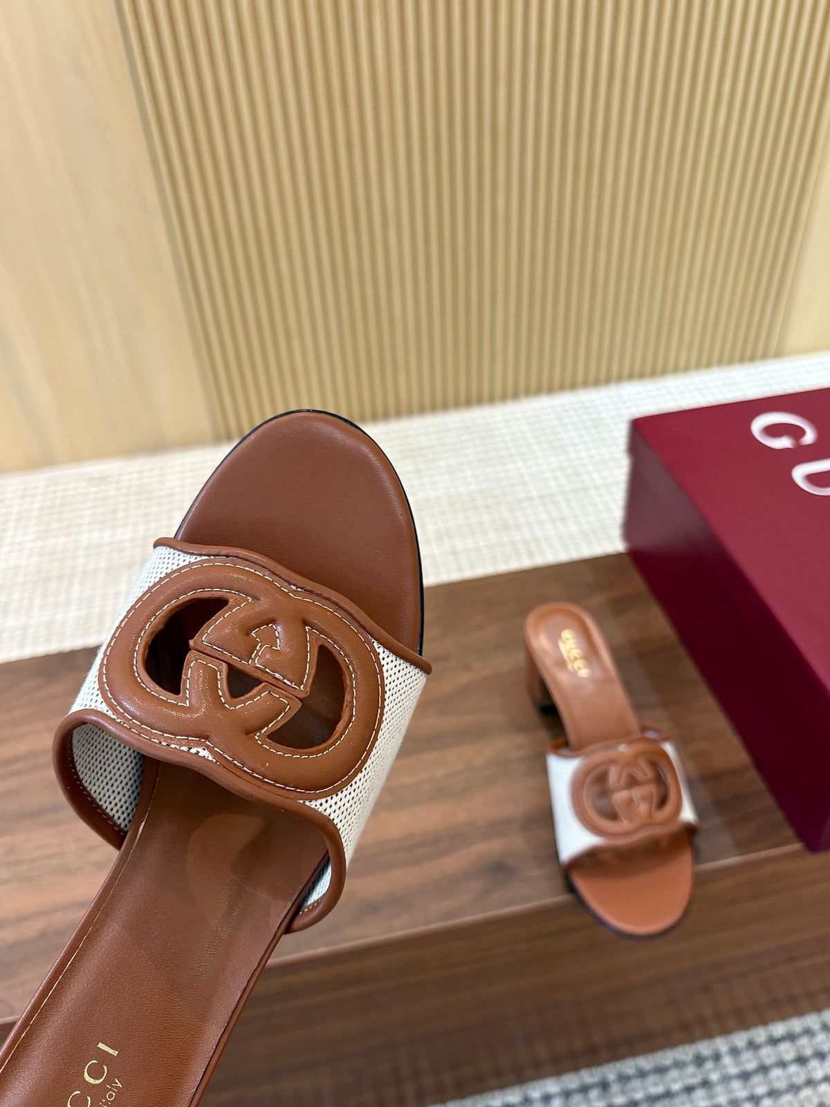 Gi Interlocking G Cutout Sandals 5.5cm Brown Sheepskin Mesh 646494