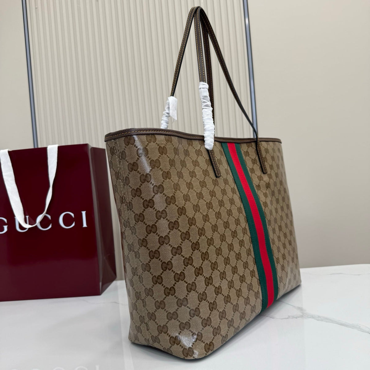 Gi Tribeca Large Tote Bag Brown Beige Canvas Cowhide 141724