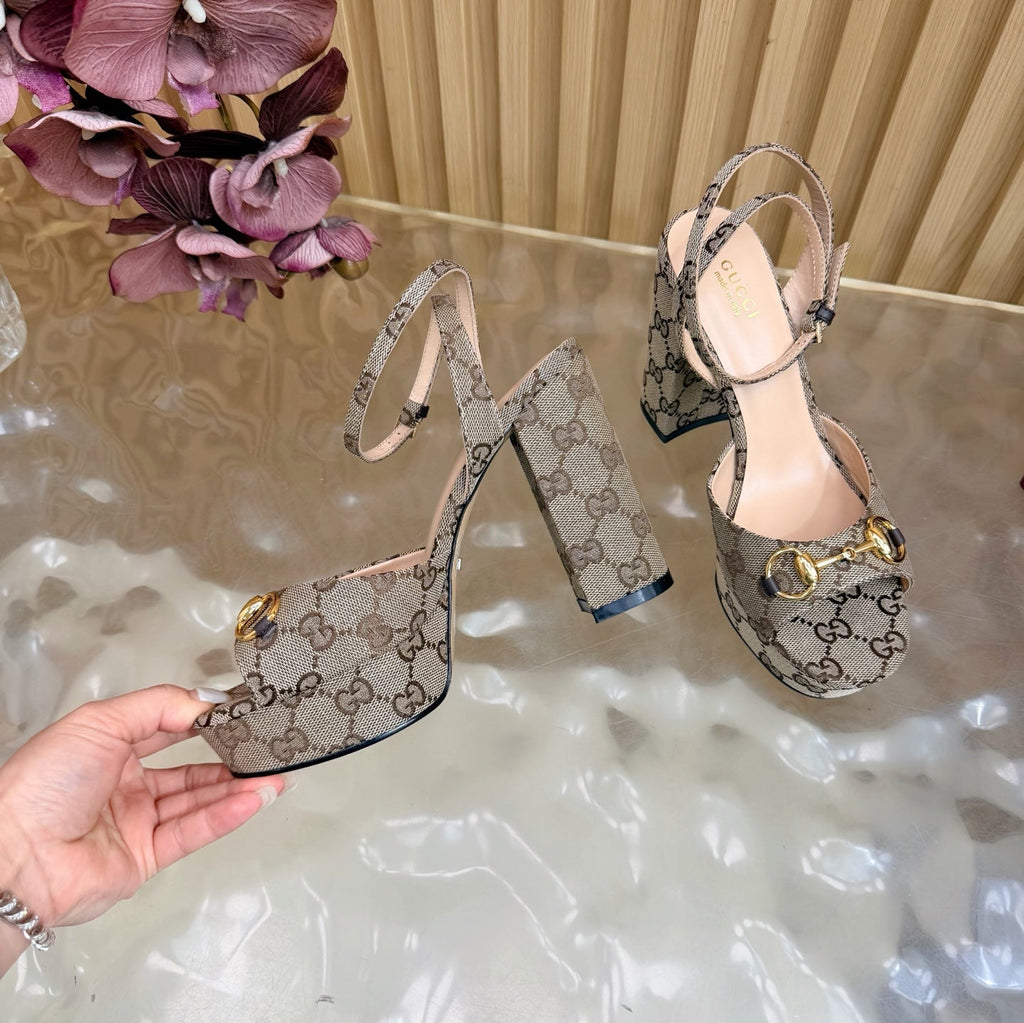 Gi 26s Horsebit Platform Sandals 11cm Beige Brown Canvas 886501
