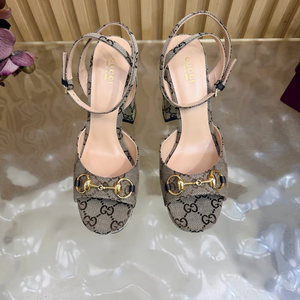Gi 26s Horsebit Platform Sandals 11cm Beige Brown Canvas 886501