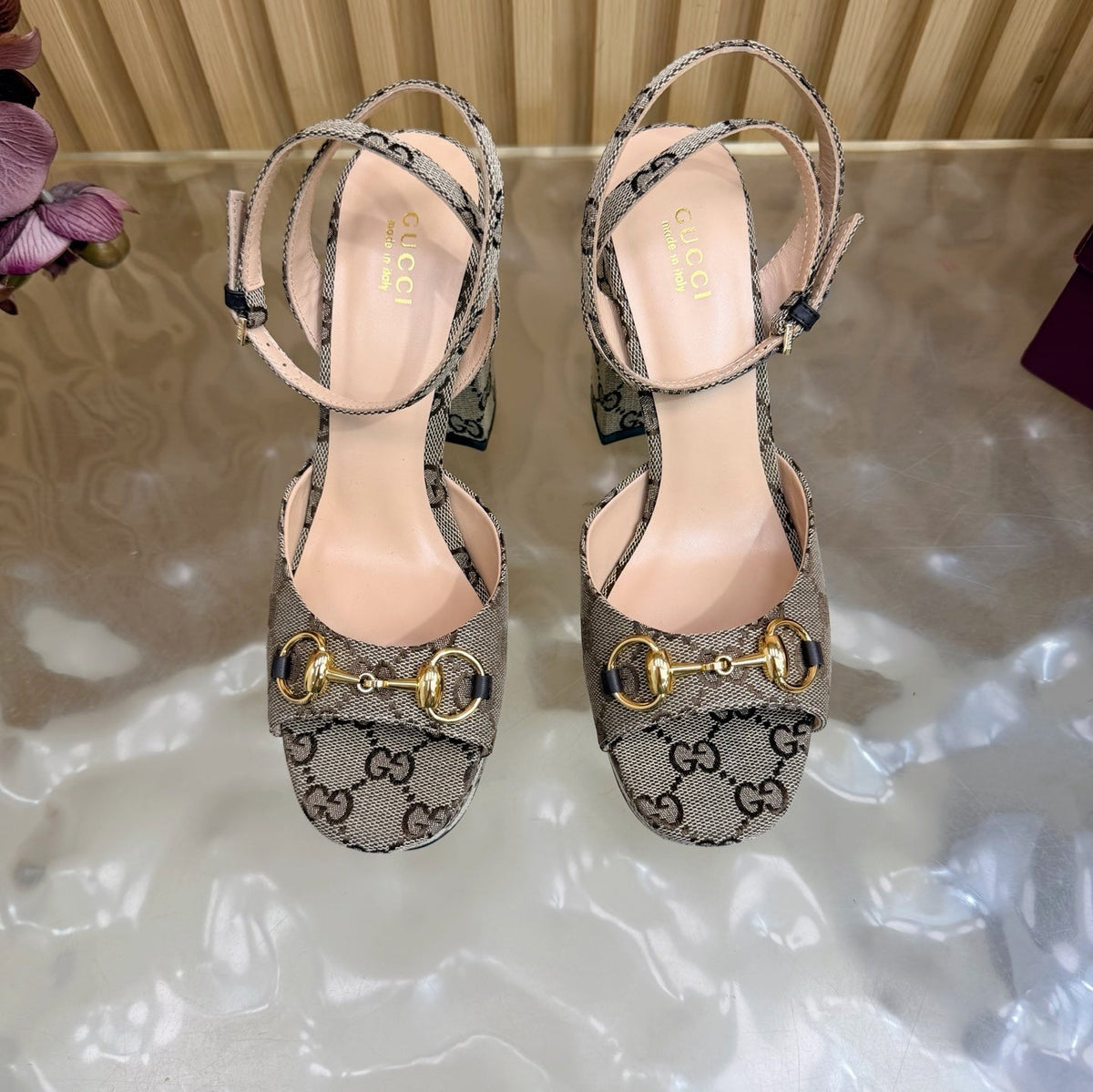 Gi 26s Horsebit Platform Sandals 11cm Beige Brown Canvas 886501