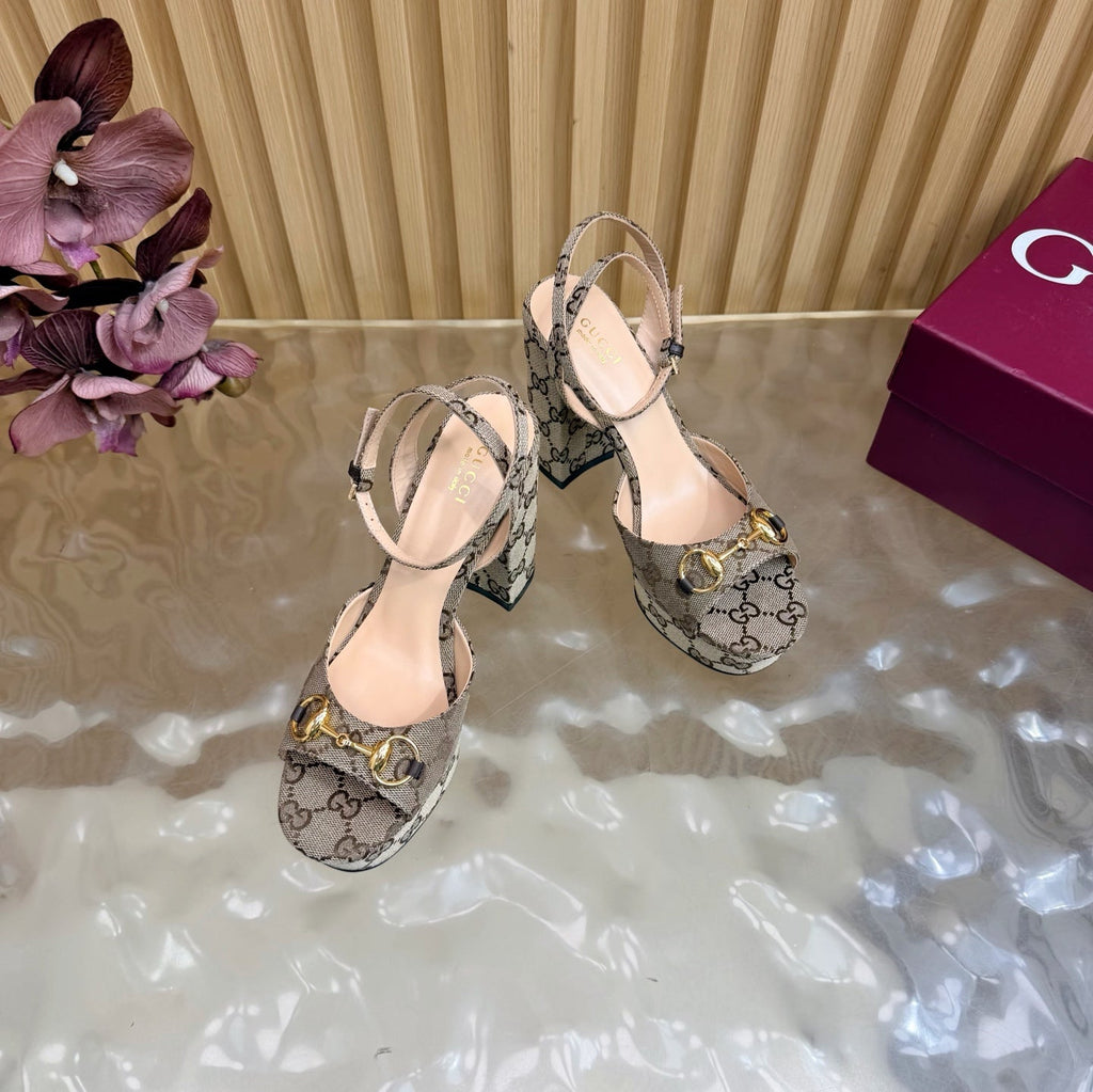 Gi 26s Horsebit Platform Sandals 11cm Beige Brown Canvas 886501