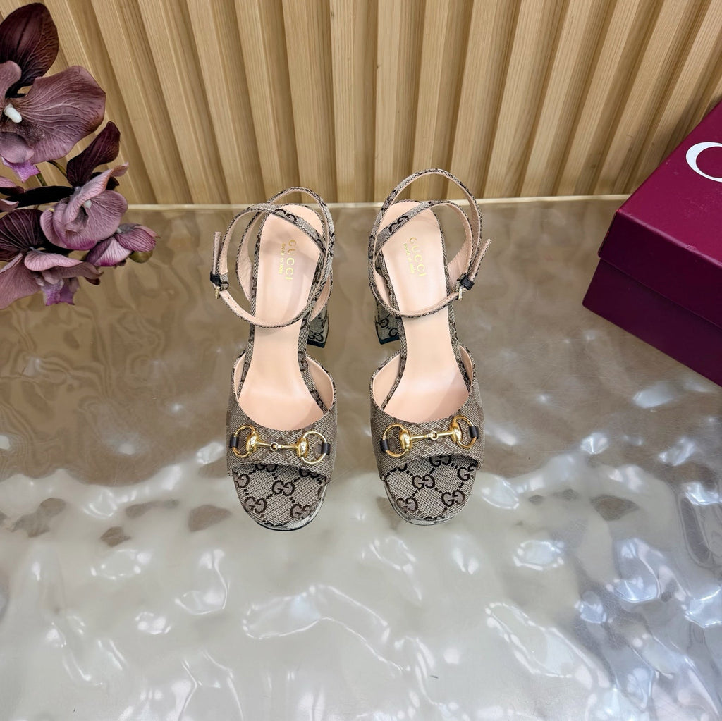 Gi 26s Horsebit Platform Sandals 11cm Beige Brown Canvas 886501