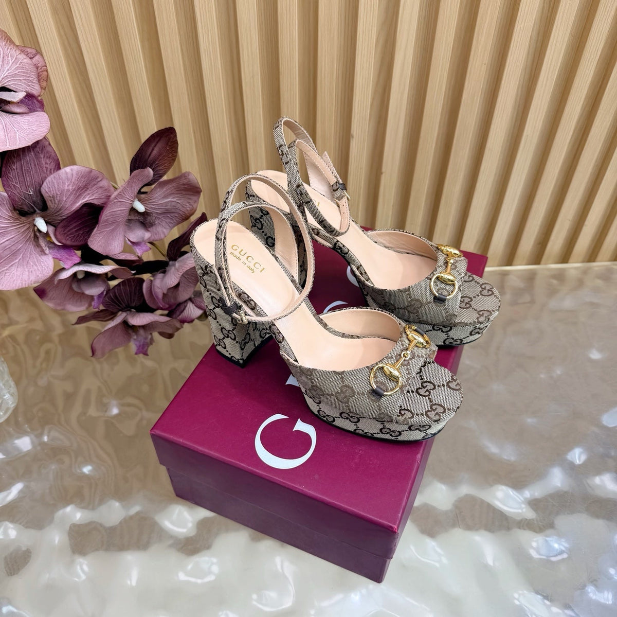 Gi 26s Horsebit Platform Sandals 11cm Beige Brown Canvas 886501