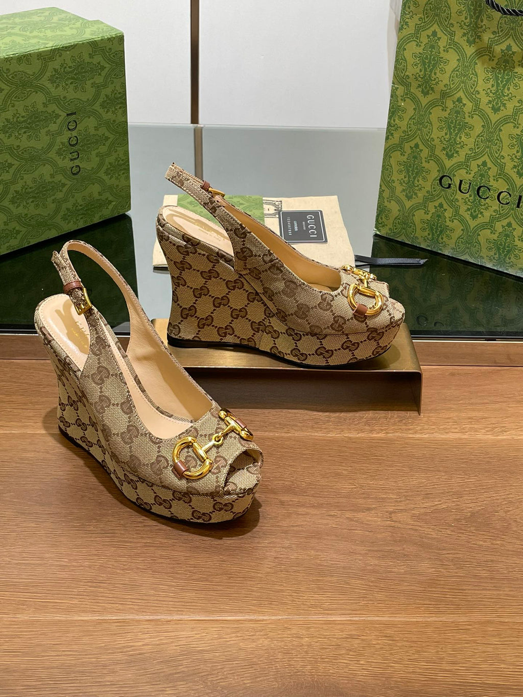 Gi WEDGE PLATFORM IN CAMEL BROWN MONOGRAM JACQUARD FABRIC