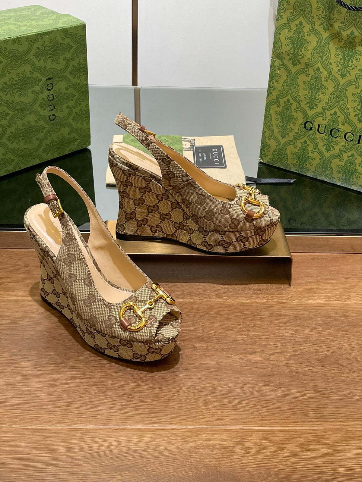 Gi WEDGE PLATFORM IN CAMEL BROWN MONOGRAM JACQUARD FABRIC