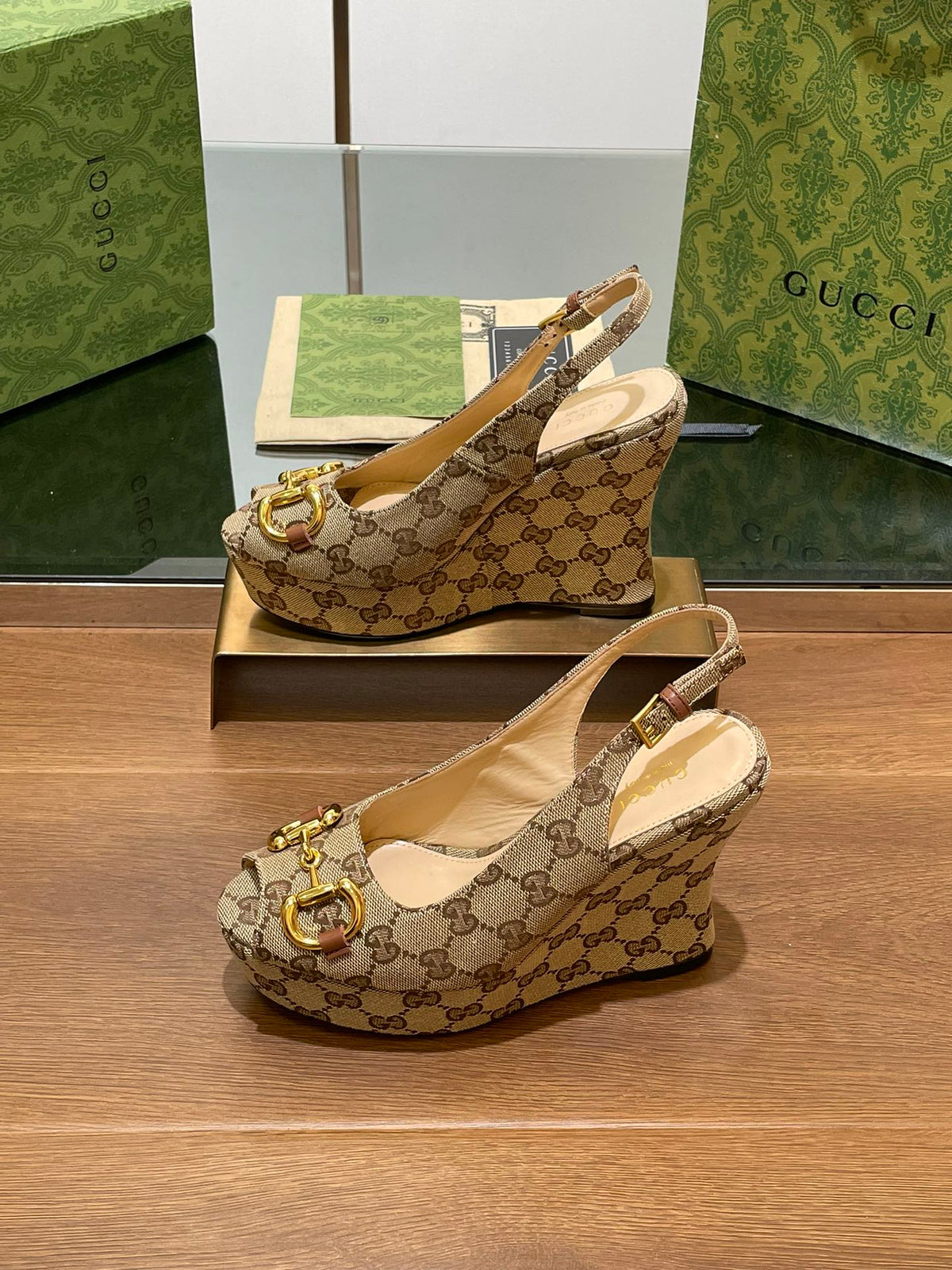 Gi WEDGE PLATFORM IN CAMEL BROWN MONOGRAM JACQUARD FABRIC