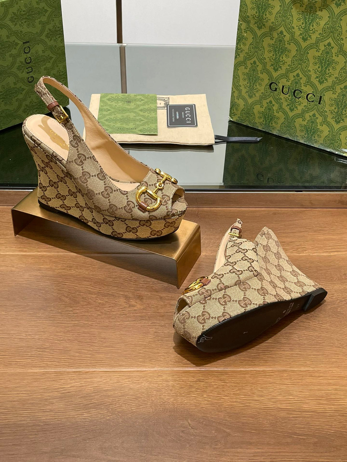 Gi WEDGE PLATFORM IN CAMEL BROWN MONOGRAM JACQUARD FABRIC