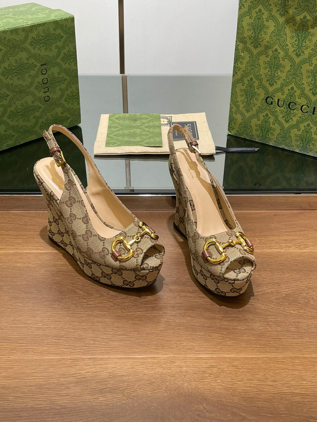 Gi WEDGE PLATFORM IN CAMEL BROWN MONOGRAM JACQUARD FABRIC