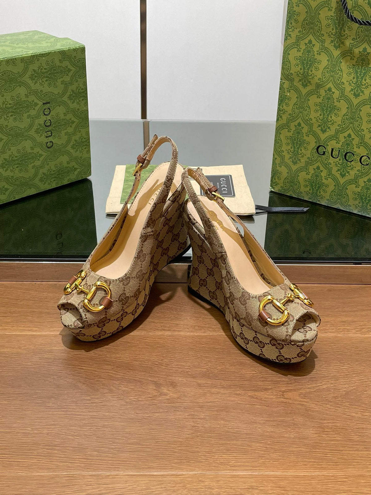 Gi WEDGE PLATFORM IN CAMEL BROWN MONOGRAM JACQUARD FABRIC