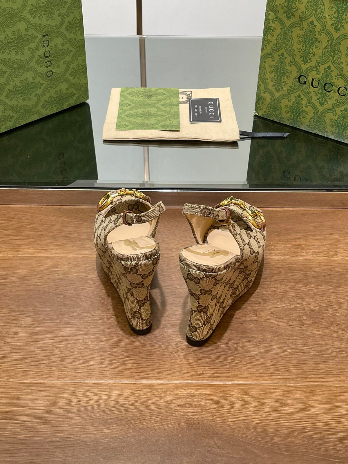 Gi WEDGE PLATFORM IN CAMEL BROWN MONOGRAM JACQUARD FABRIC
