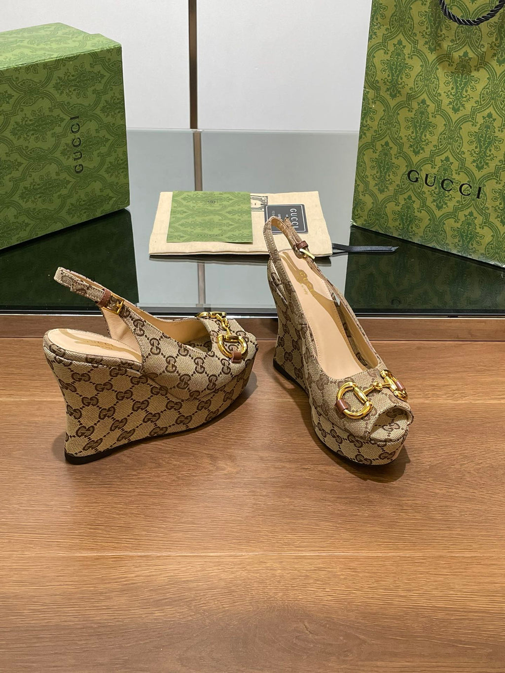 Gi WEDGE PLATFORM IN CAMEL BROWN MONOGRAM JACQUARD FABRIC