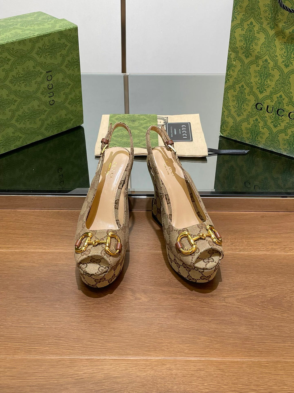 Gi WEDGE PLATFORM IN CAMEL BROWN MONOGRAM JACQUARD FABRIC