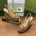 Gi WEDGE PLATFORM IN CAMEL BROWN MONOGRAM JACQUARD FABRIC