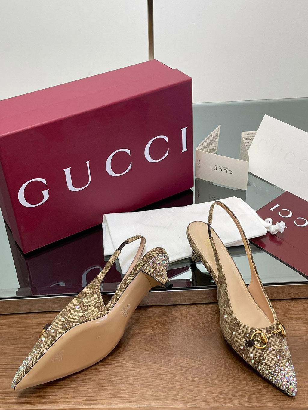 Gi Horsebit Slingback 45MM Beige Ebony Monogram Canvas Point Toe Crystal-Embellished