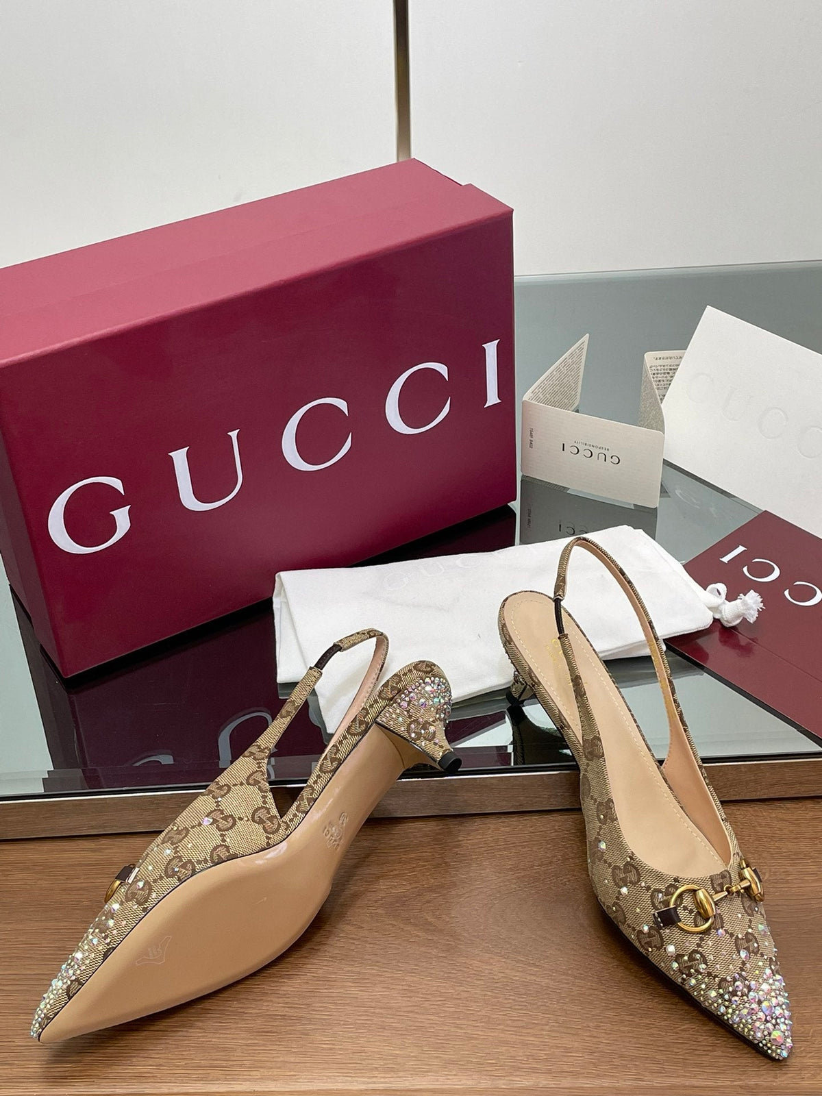 Gi Horsebit Slingback 45MM Beige Ebony Monogram Canvas Point Toe Crystal-Embellished