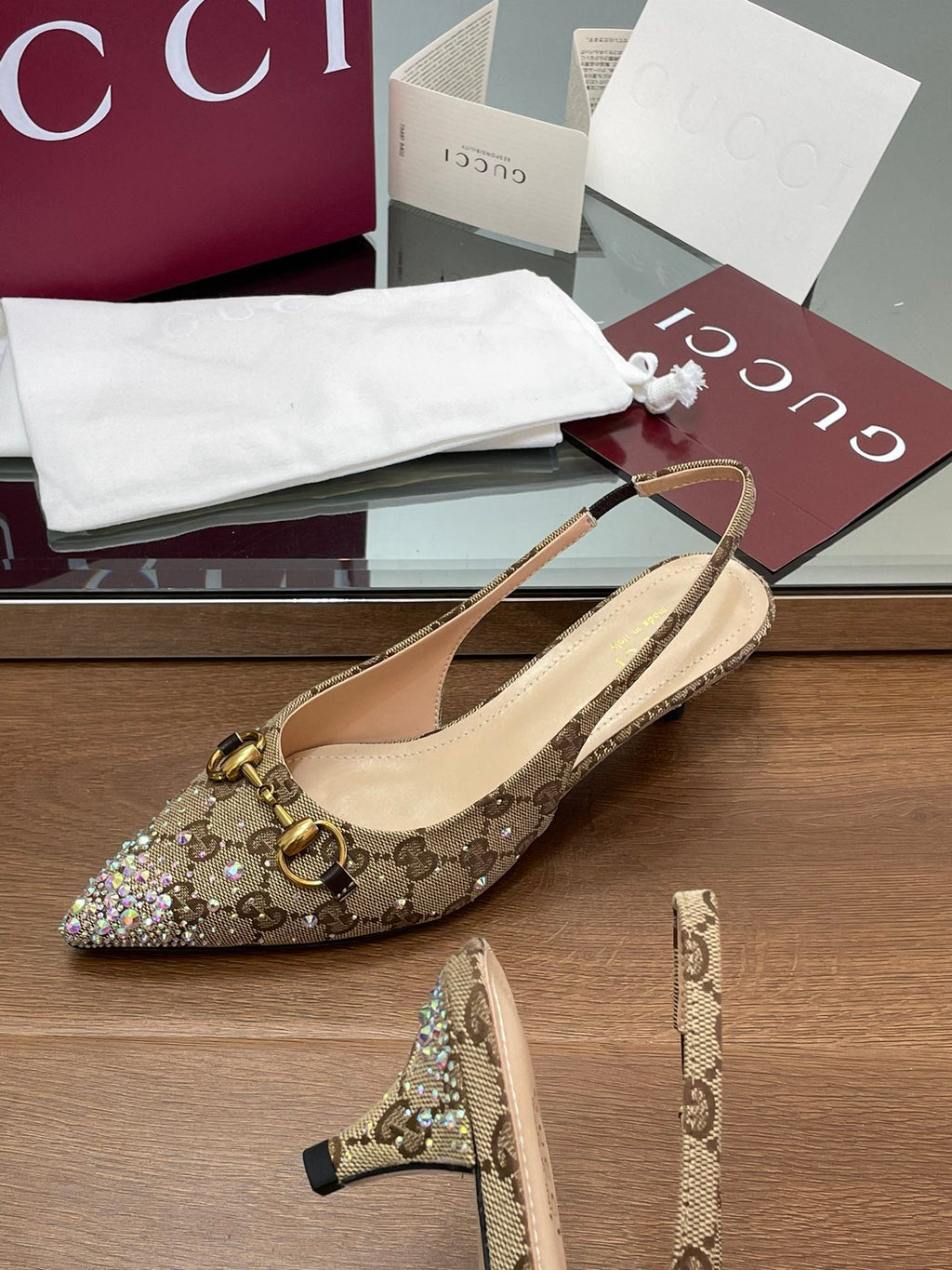 Gi Horsebit Slingback 45MM Beige Ebony Monogram Canvas Point Toe Crystal-Embellished