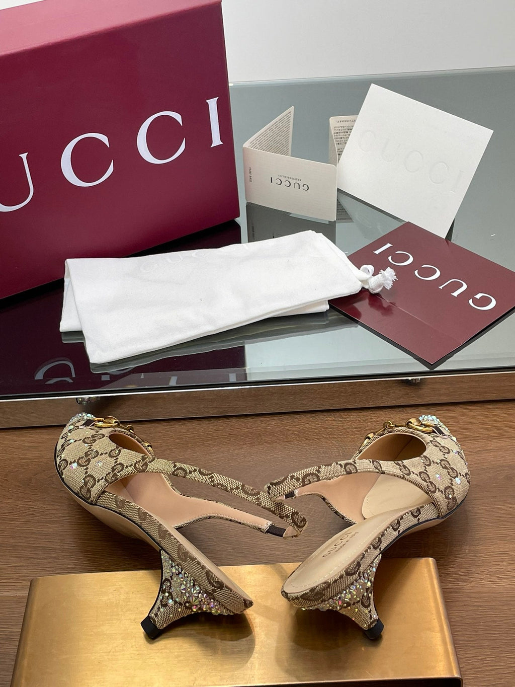 Gi Horsebit Slingback 45MM Beige Ebony Monogram Canvas Point Toe Crystal-Embellished