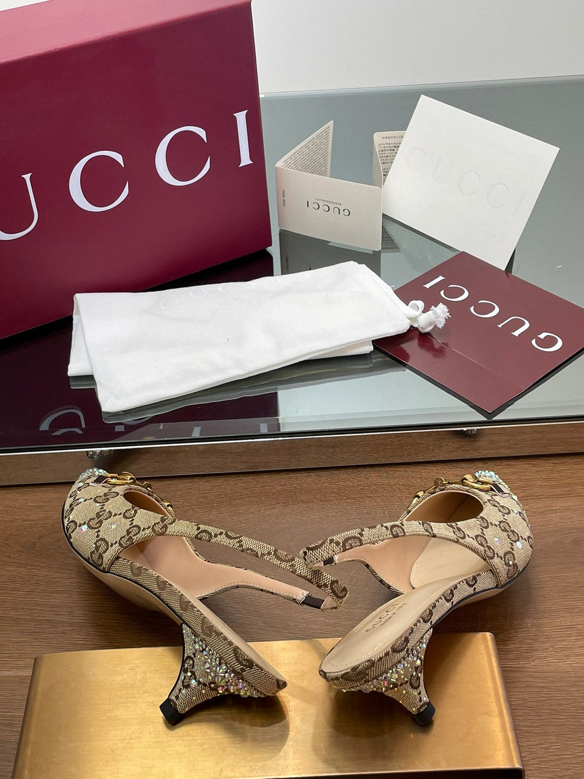 Gi Horsebit Slingback 45MM Beige Ebony Monogram Canvas Point Toe Crystal-Embellished