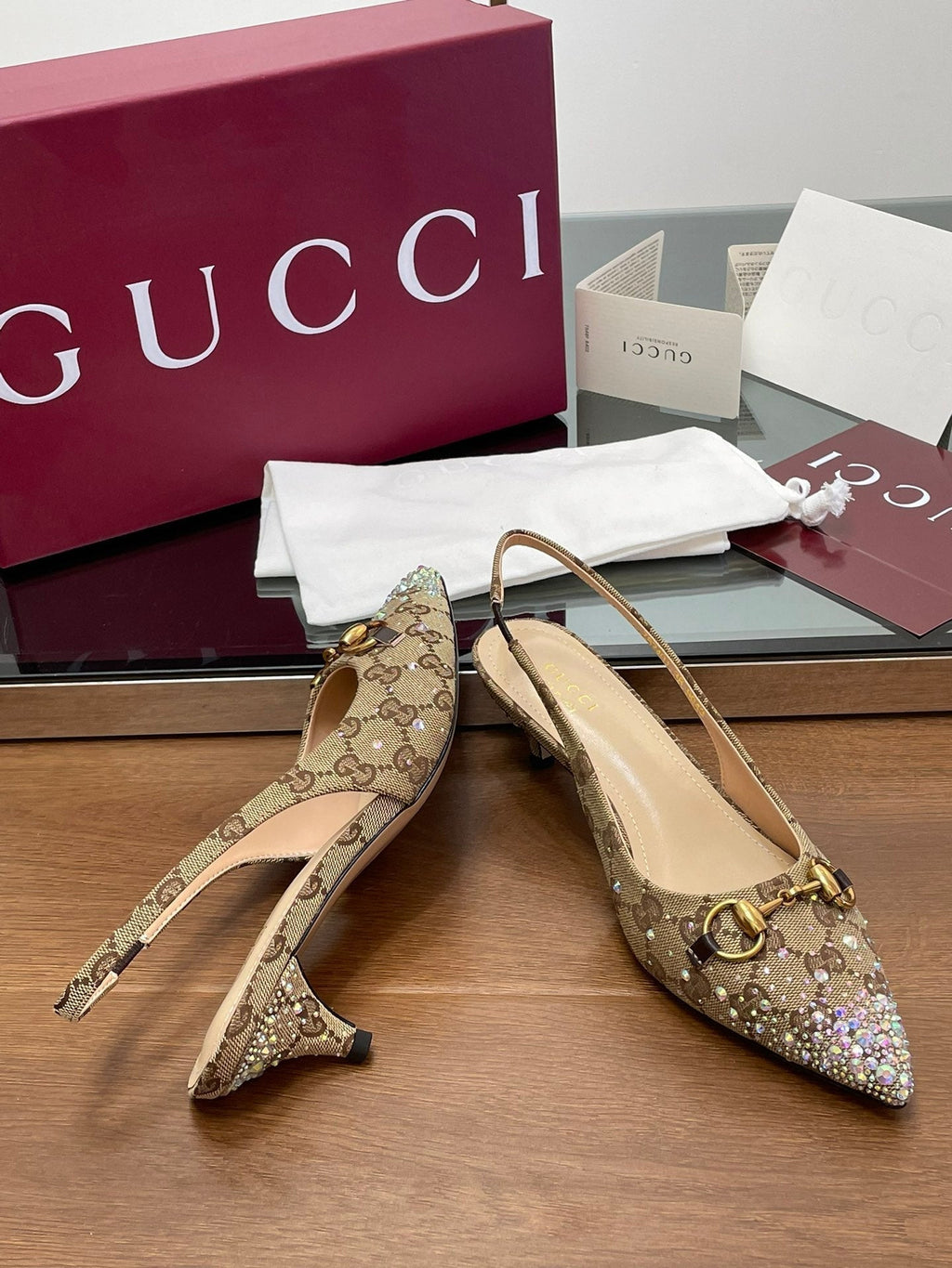 Gi Horsebit Slingback 45MM Beige Ebony Monogram Canvas Point Toe Crystal-Embellished