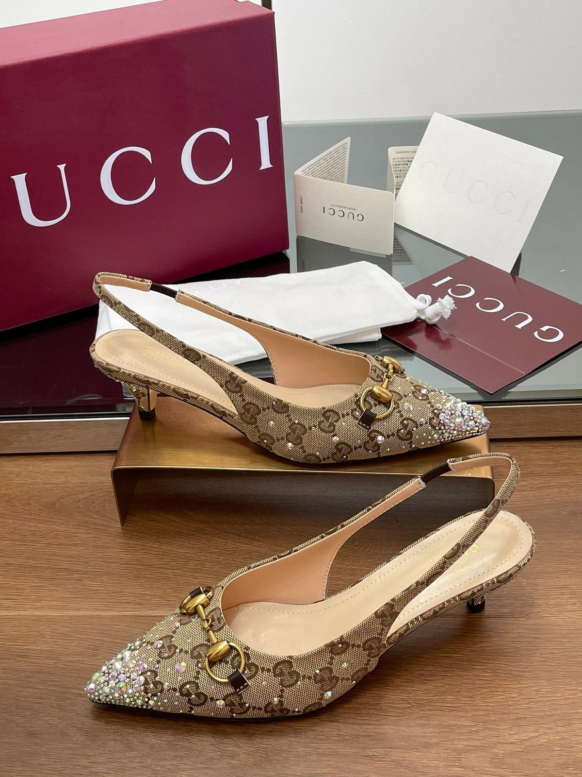 Gi Horsebit Slingback 45MM Beige Ebony Monogram Canvas Point Toe Crystal-Embellished