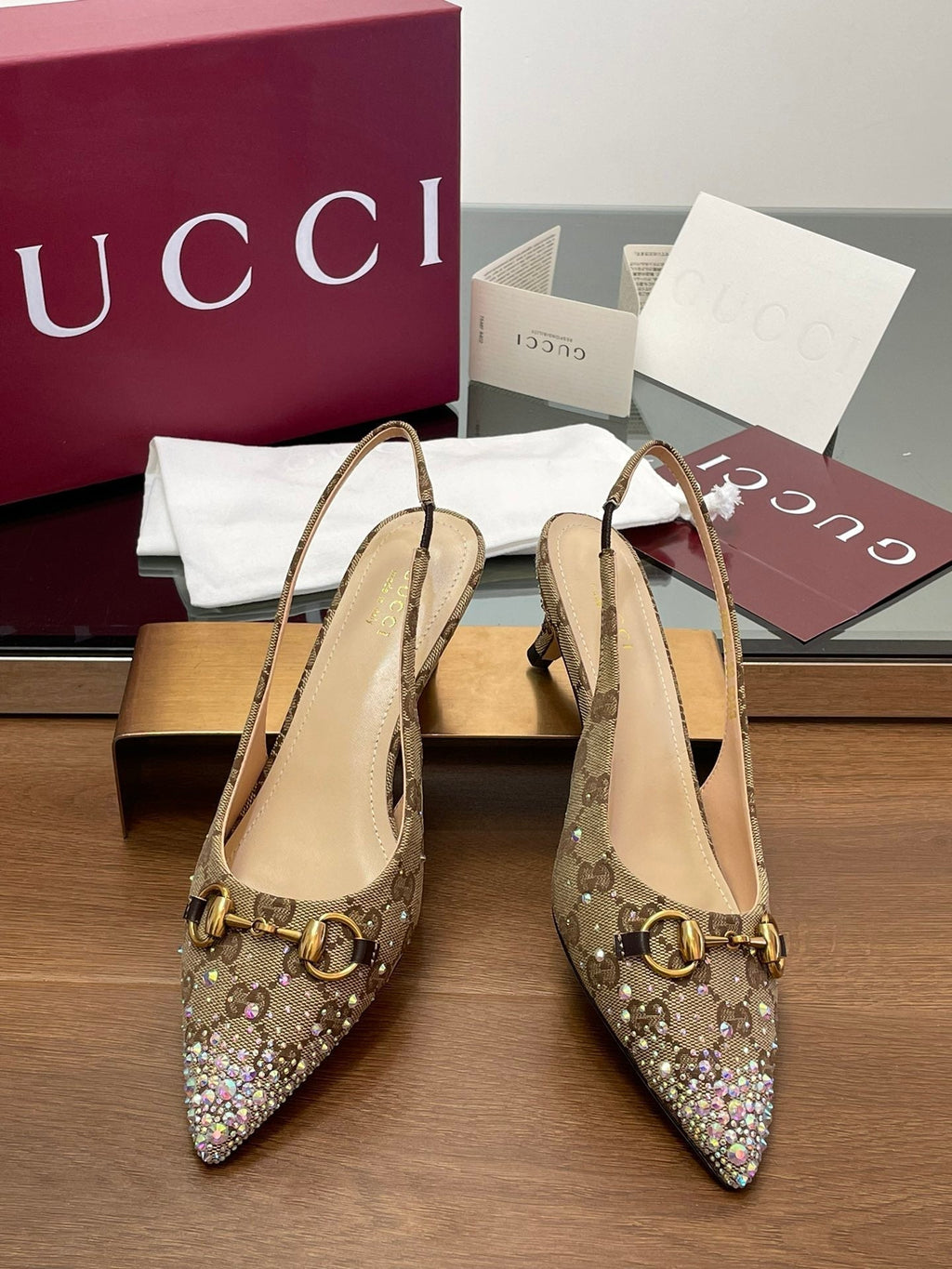 Gi Horsebit Slingback 45MM Beige Ebony Monogram Canvas Point Toe Crystal-Embellished