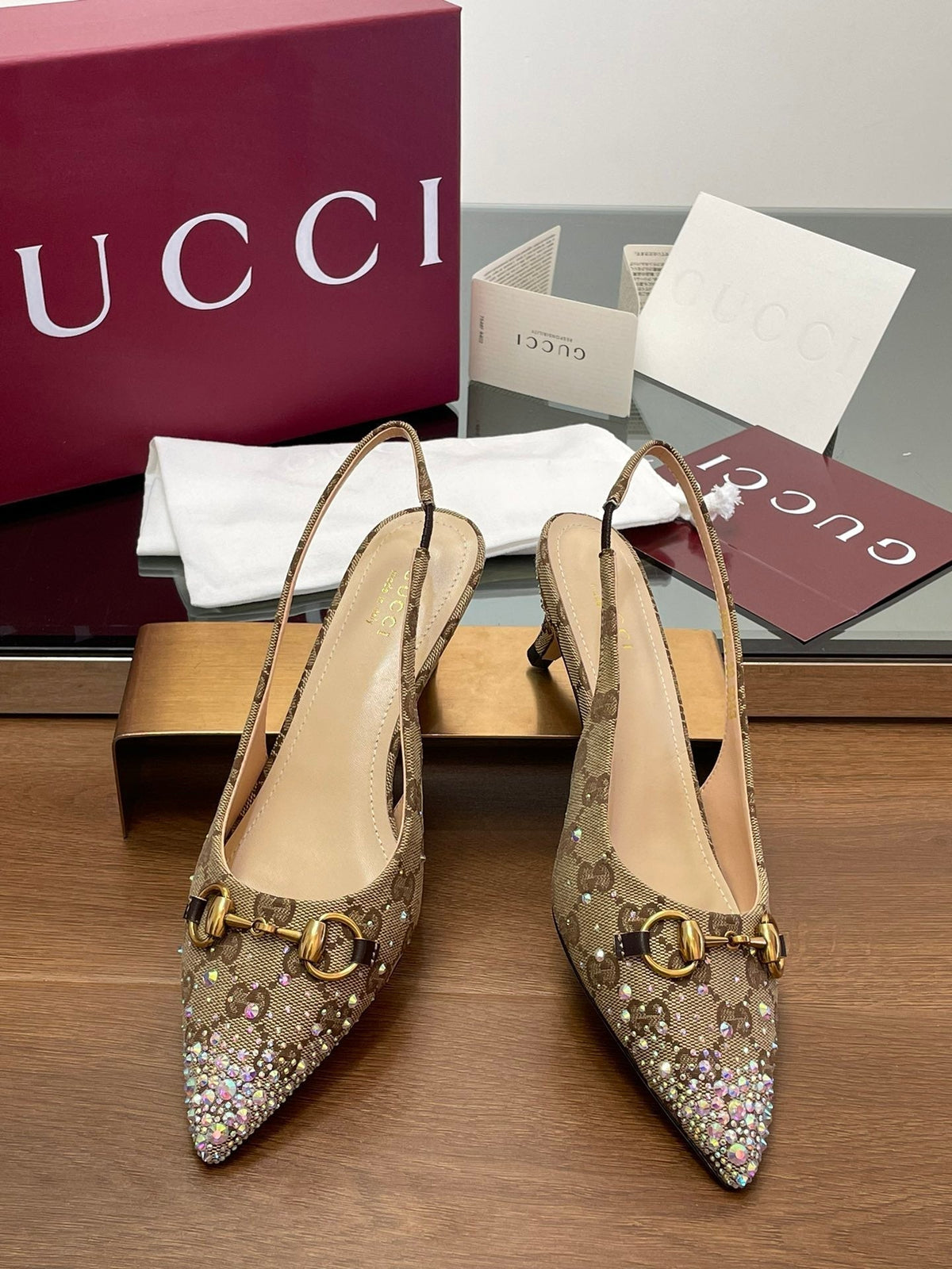 Gi Horsebit Slingback 45MM Beige Ebony Monogram Canvas Point Toe Crystal-Embellished