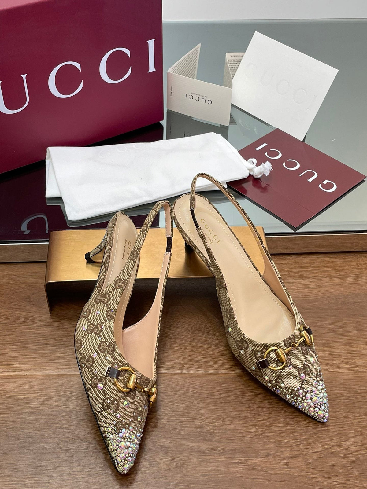 Gi Horsebit Slingback 45MM Beige Ebony Monogram Canvas Point Toe Crystal-Embellished