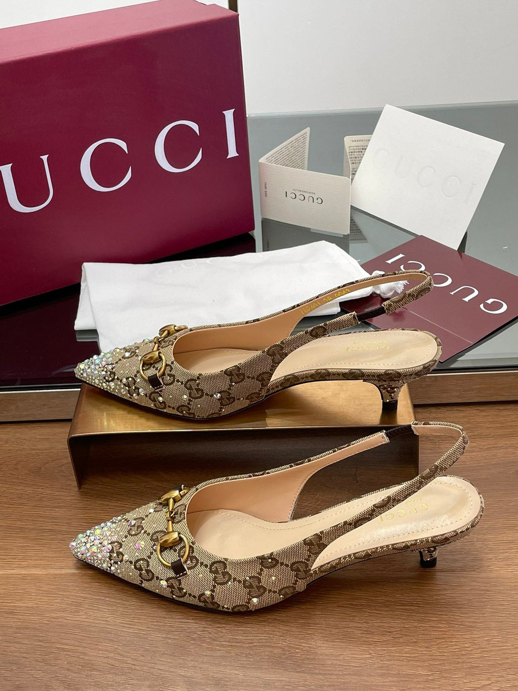 Gi Horsebit Slingback 45MM Beige Ebony Monogram Canvas Point Toe Crystal-Embellished
