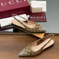 Gi Horsebit Slingback Flat Beige Ebony Monogram Canvas Point Toe Crystal-Embellished