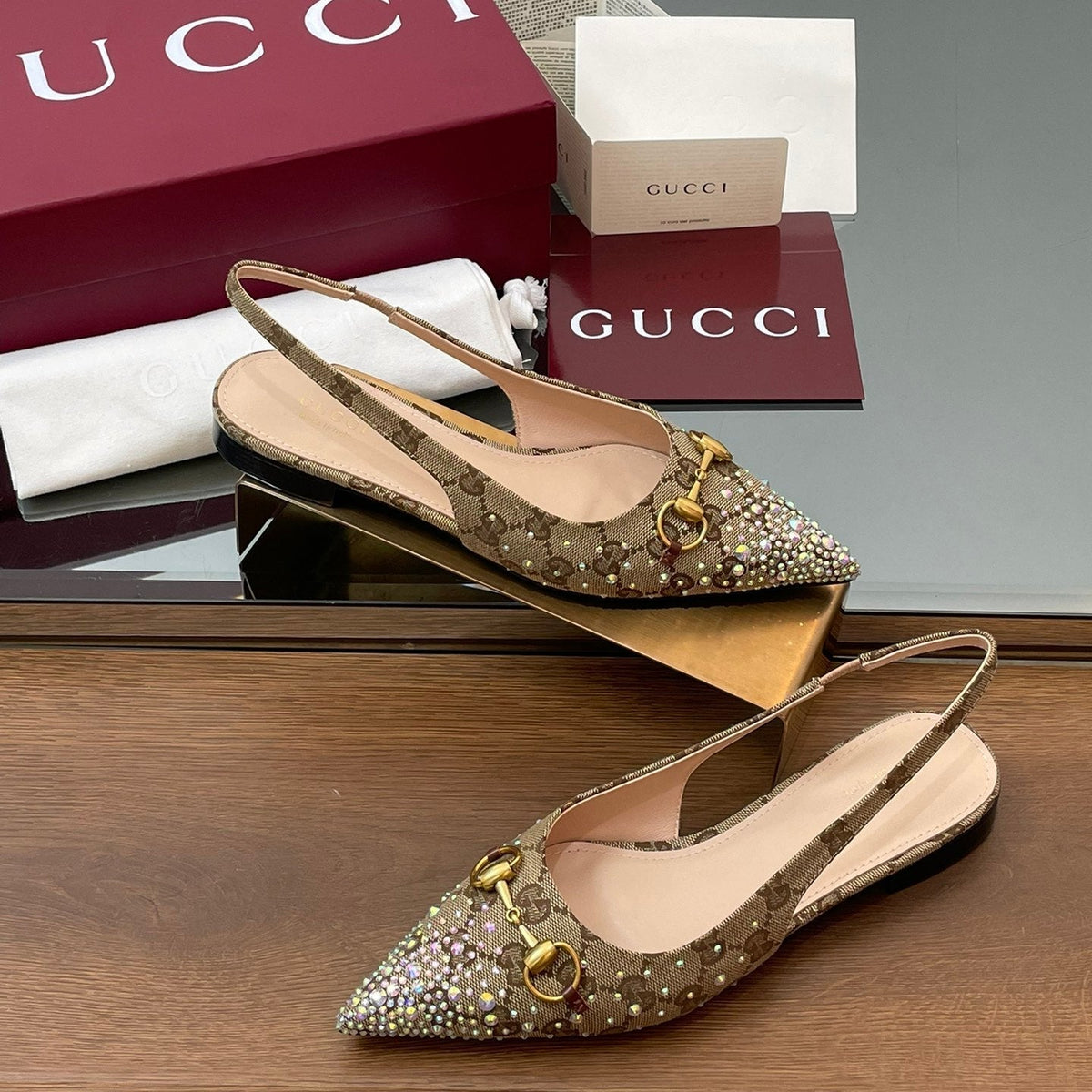 Gi Horsebit Slingback Flat Beige Ebony Monogram Canvas Point Toe Crystal-Embellished