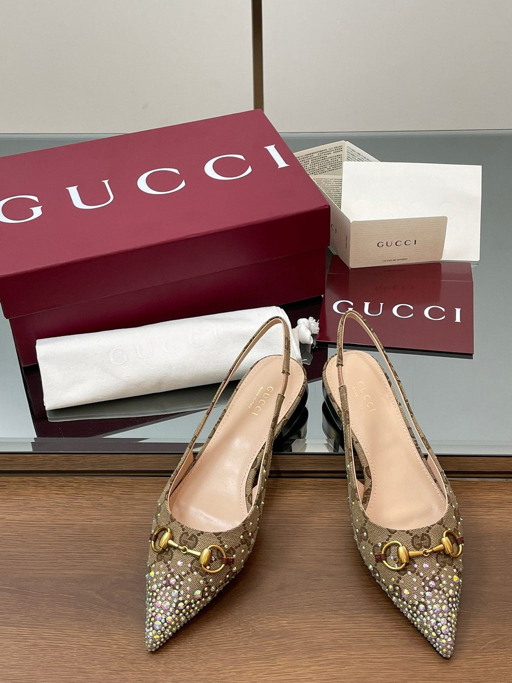 Gi Horsebit Slingback Flat Beige Ebony Monogram Canvas Point Toe Crystal-Embellished