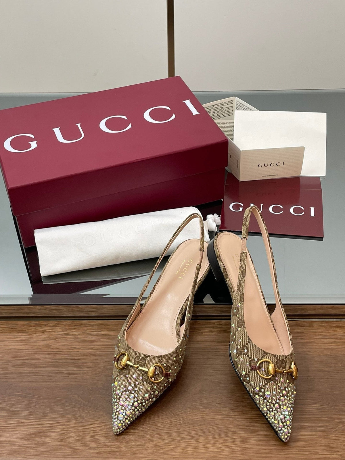 Gi Horsebit Slingback Flat Beige Ebony Monogram Canvas Point Toe Crystal-Embellished