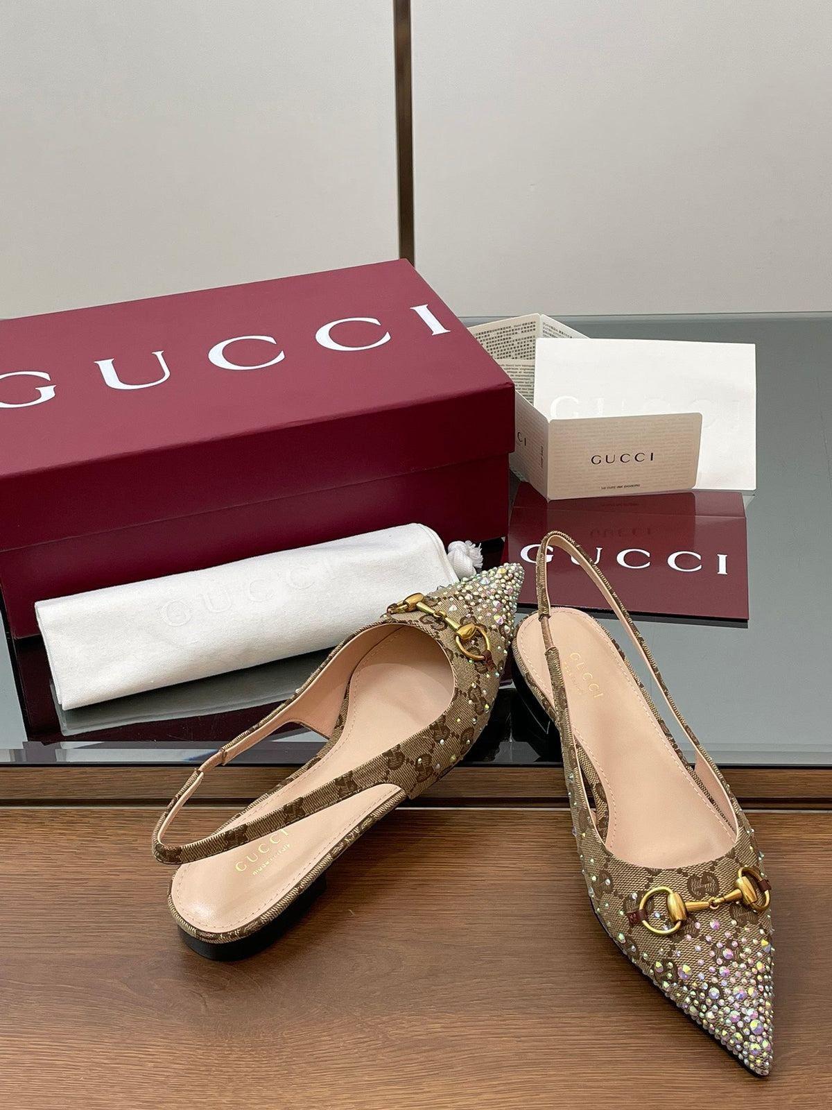 Gi Horsebit Slingback Flat Beige Ebony Monogram Canvas Point Toe Crystal-Embellished