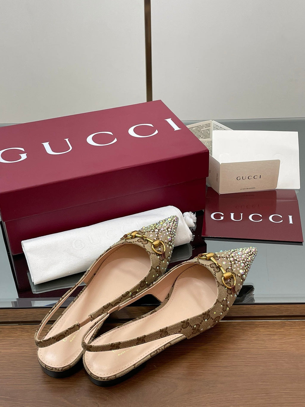 Gi Horsebit Slingback Flat Beige Ebony Monogram Canvas Point Toe Crystal-Embellished