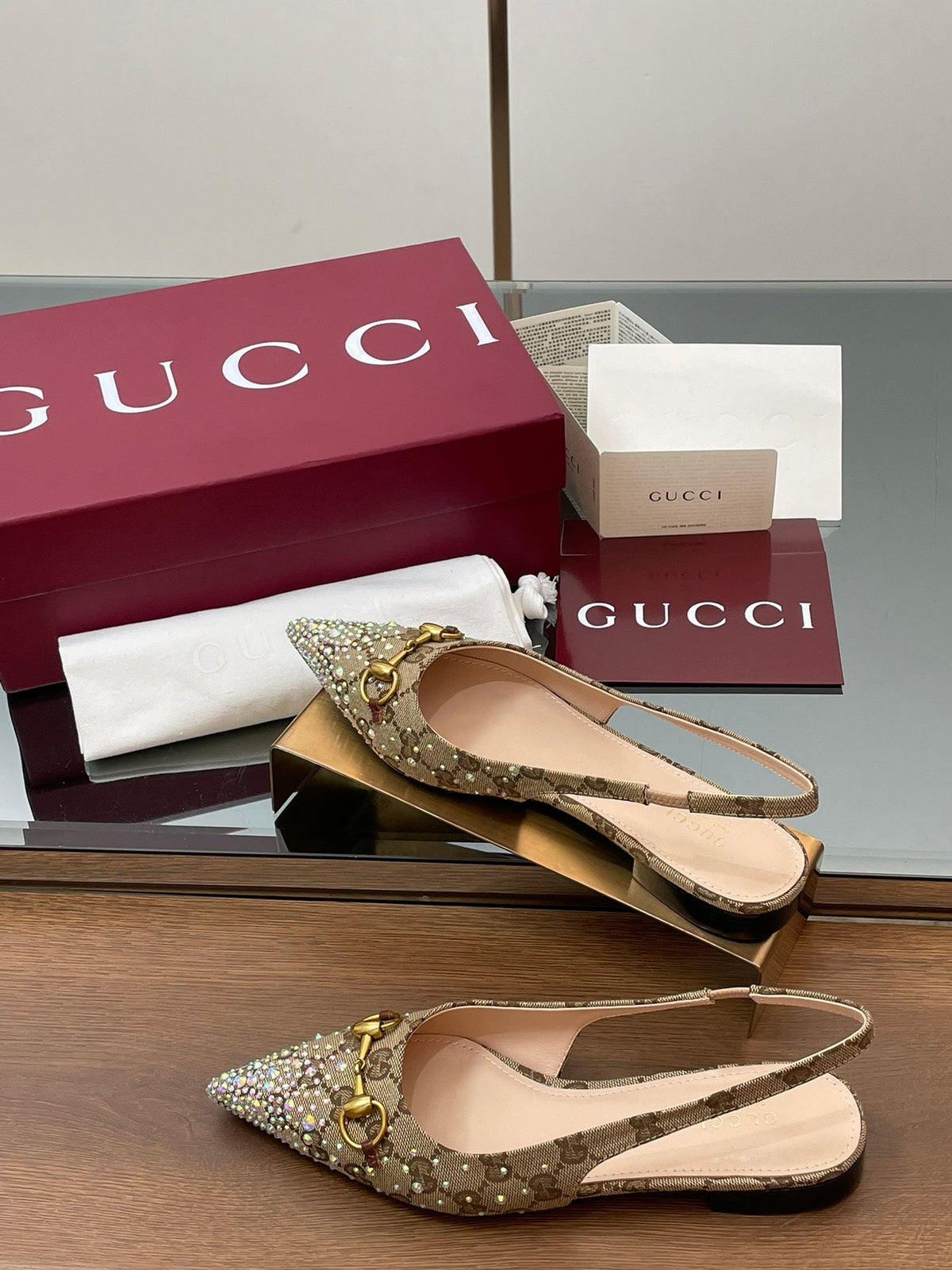 Gi Horsebit Slingback Flat Beige Ebony Monogram Canvas Point Toe Crystal-Embellished