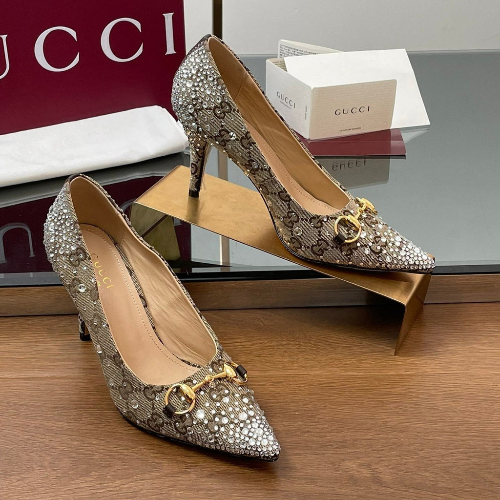 Gi Horsebit Pump 85 Beige Ebony Monogram Canvas Crystal-Embellished