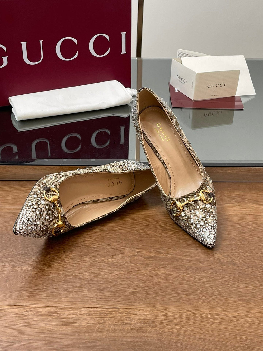 Gi Horsebit Pump 85 Beige Ebony Monogram Canvas Crystal-Embellished