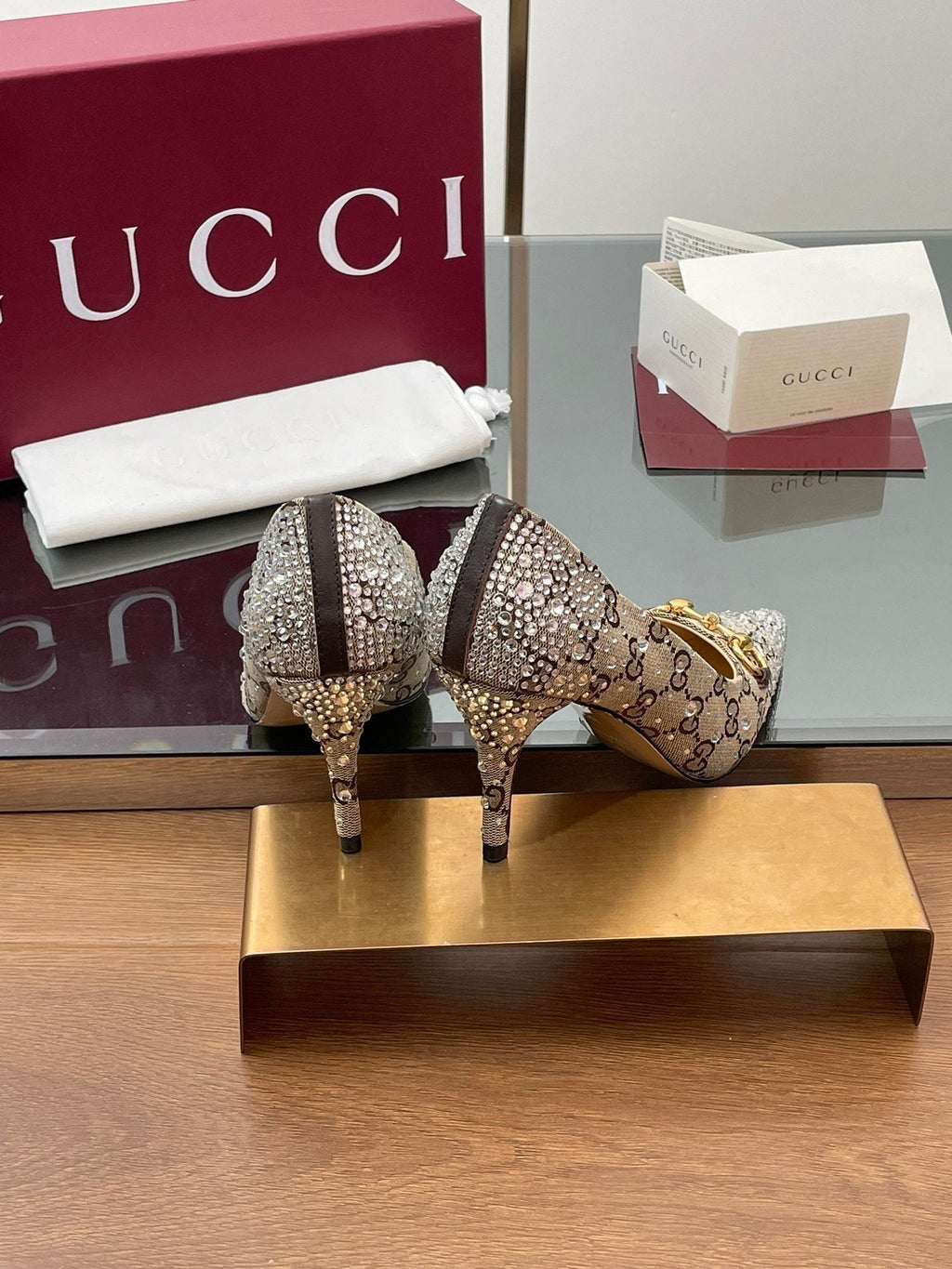 Gi Horsebit Pump 85 Beige Ebony Monogram Canvas Crystal-Embellished
