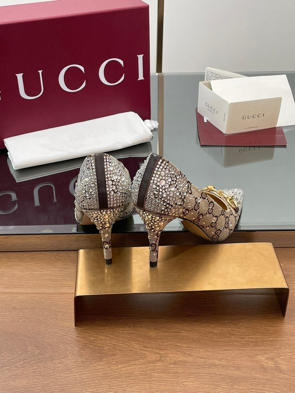 Gi Horsebit Pump 85 Beige Ebony Monogram Canvas Crystal-Embellished