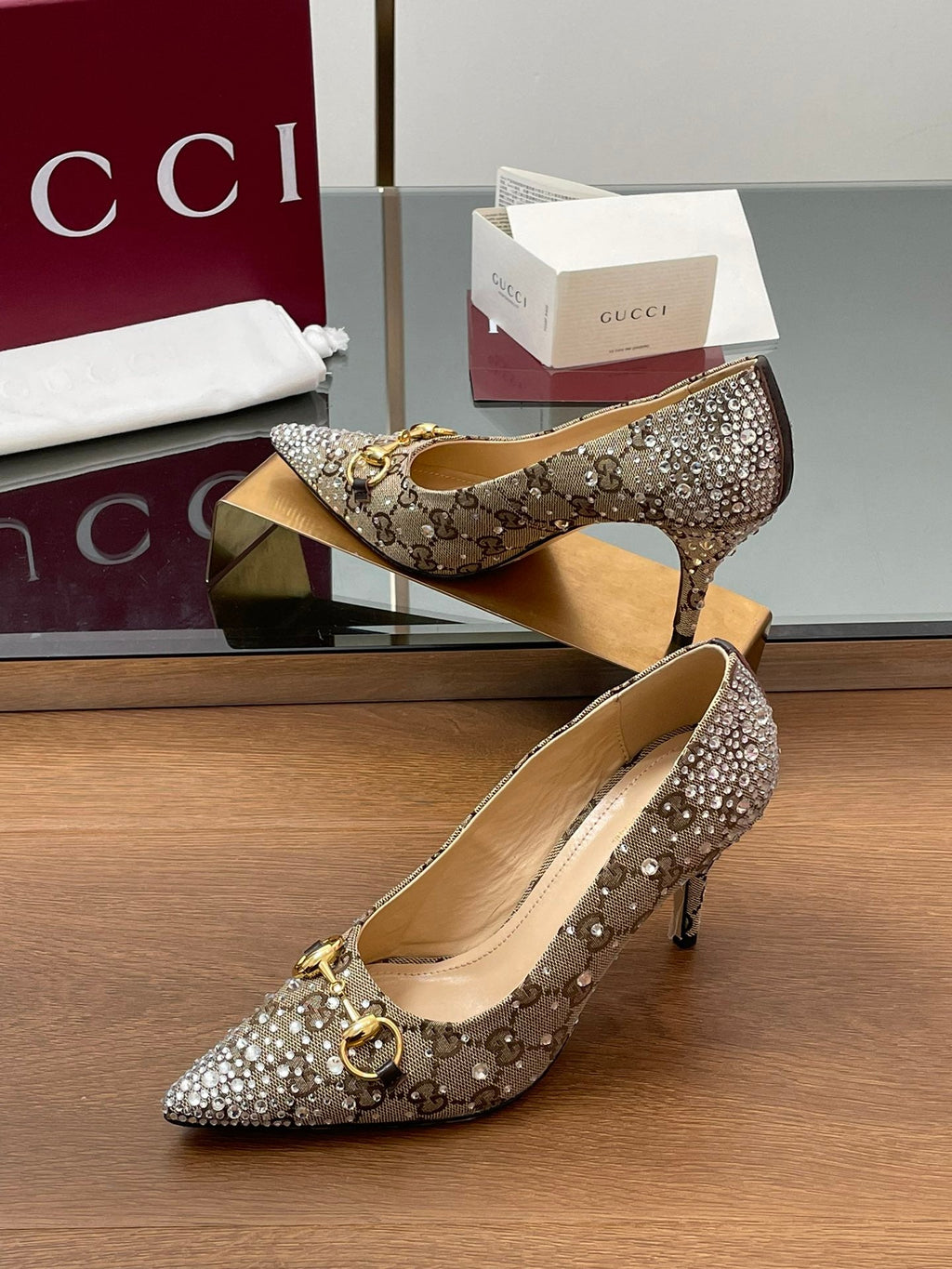 Gi Horsebit Pump 85 Beige Ebony Monogram Canvas Crystal-Embellished