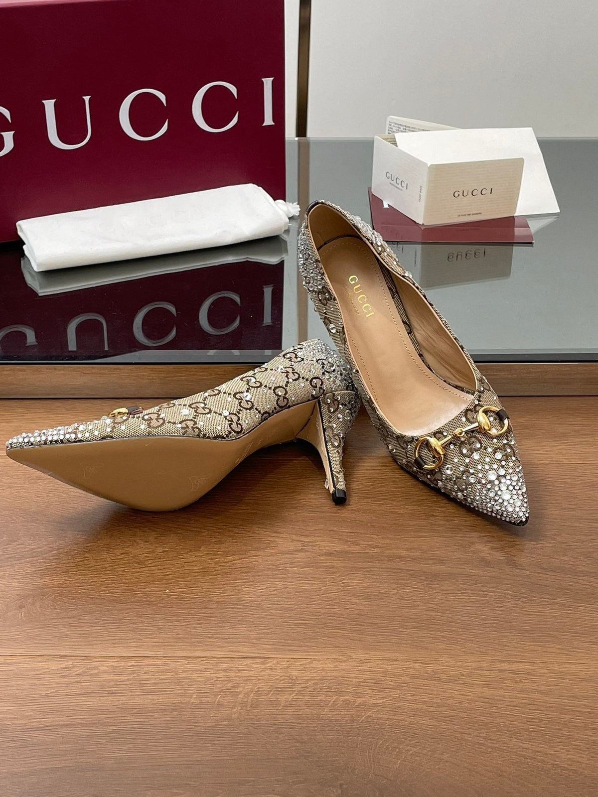 Gi Horsebit Pump 85 Beige Ebony Monogram Canvas Crystal-Embellished