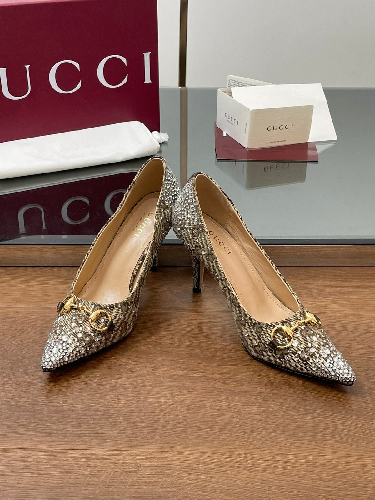Gi Horsebit Pump 85 Beige Ebony Monogram Canvas Crystal-Embellished