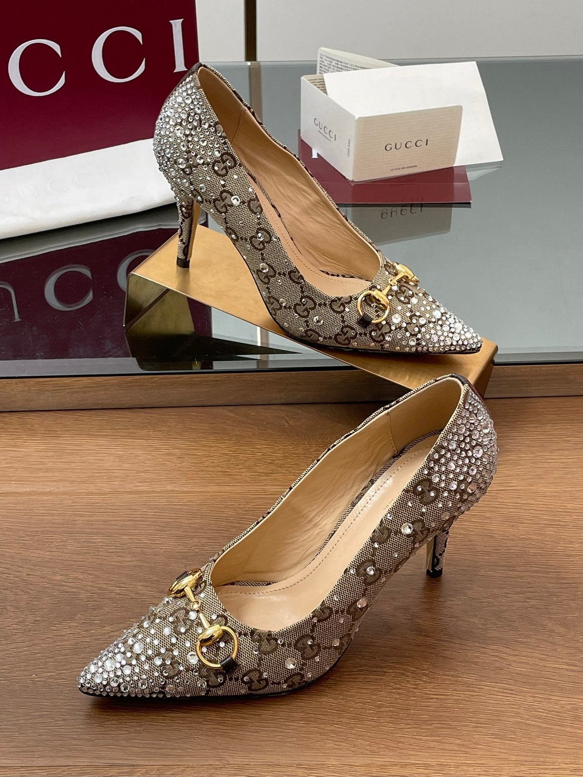 Gi Horsebit Pump 85 Beige Ebony Monogram Canvas Crystal-Embellished