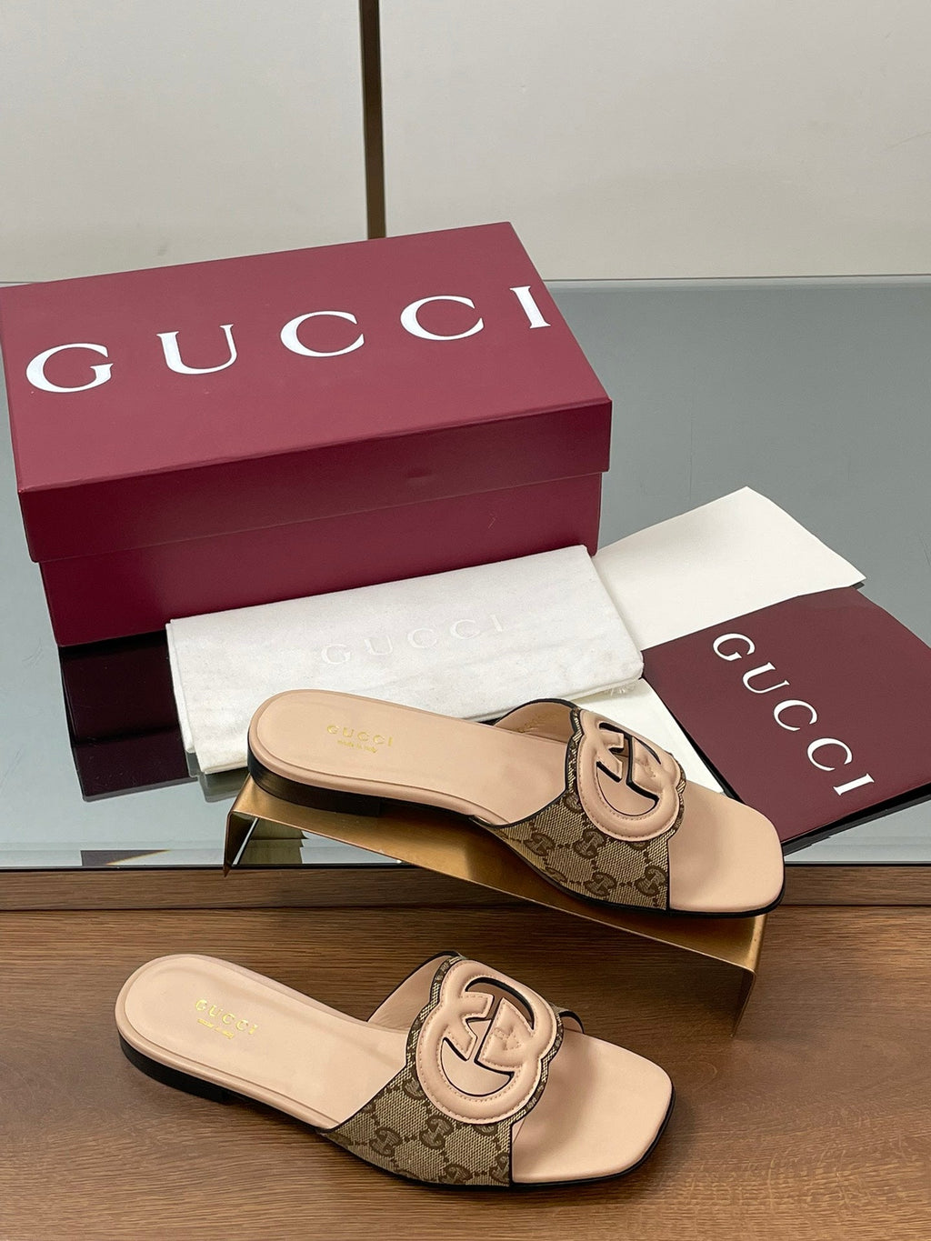 Gi Rosso Ancora Slide Sandals Beige Sheepskin Canvas 646490