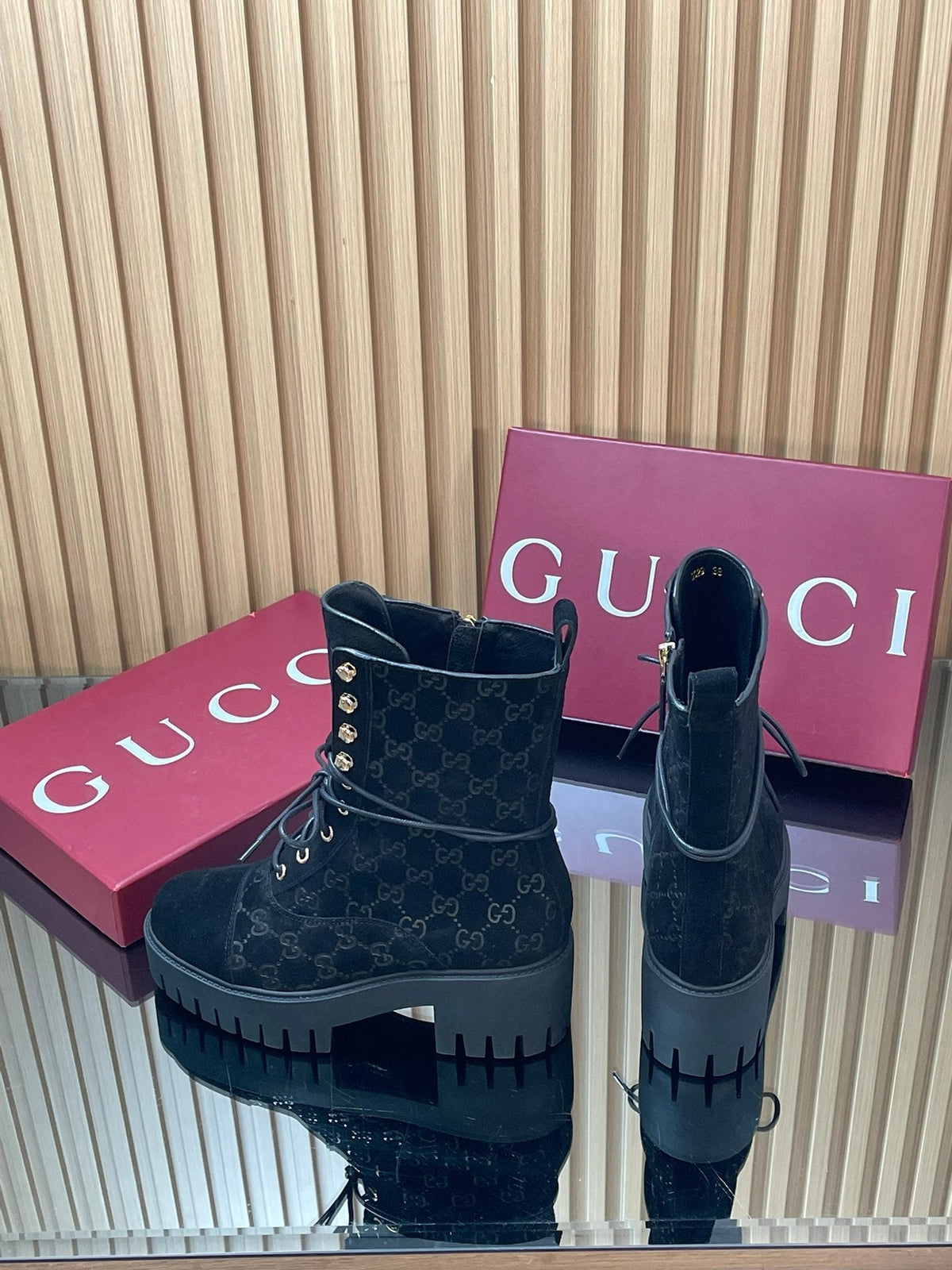 Gi 26s Combat Boots Black GG-Embossed Suede 997186